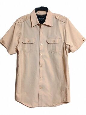 SMALL Mens Tan Short Sleeve Dress Shirt Button Front Safari Shirt Epaulets, NWT